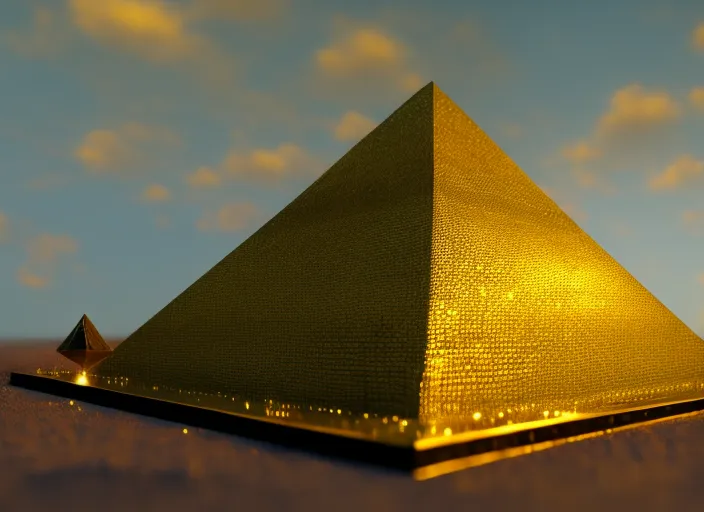golden pyramid levitating over money, cinematic lights