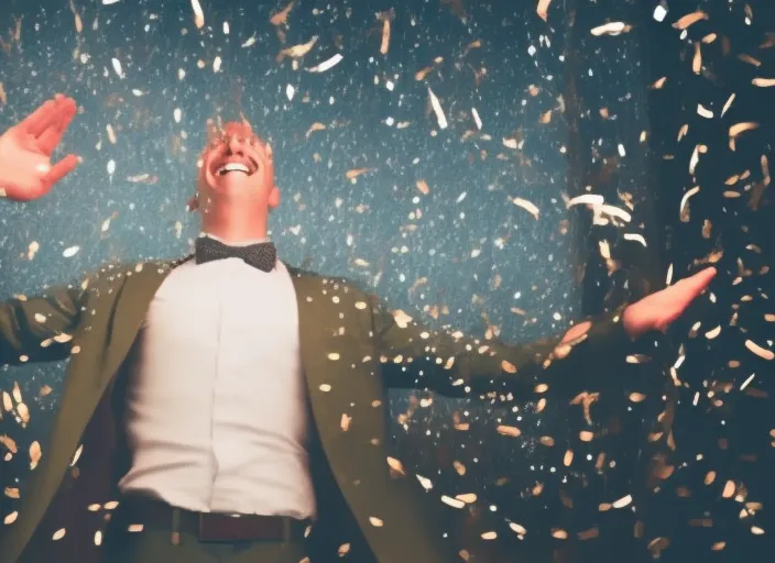man with open arms and money rain, cinematic lights