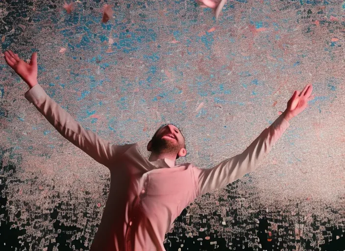 man with open arms and money rain, cinematic lights