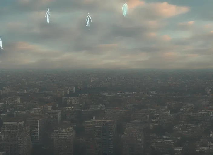 scare people pointing to the sky in a big city that is being invading by ufos