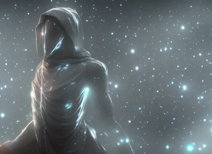 Mysterious Hooded Humanoid Android with white porceline skin, UHD, HDR, 8K ,Sitting on Cosmic Star Dust with Cinematic Lighting. 