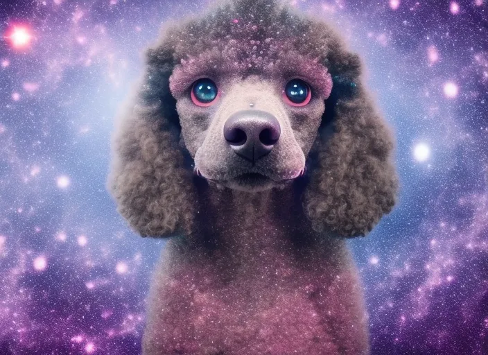 Mysterious, UHD, HDR, 8K, anthropomorphic hooded poodle Sitting on Cosmic Star Dust with Cinematic Lighting.  with a grainy effect