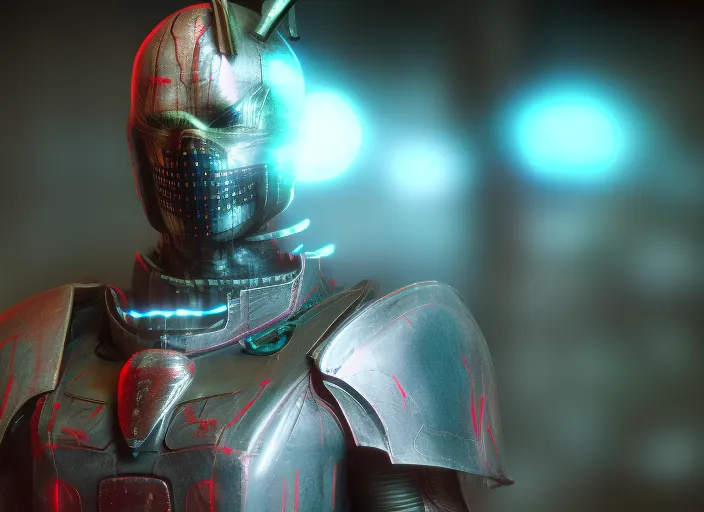 UHD, HDR, 8K, portait of a Mysterious anthropomorphic android, samurai cyberpunk armour, with Cinematic Lighting.  with a grainy effect