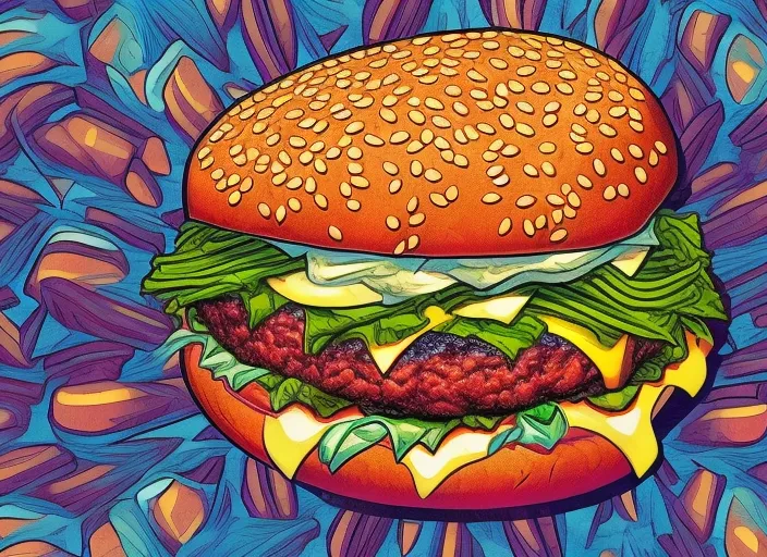 Retro Comic Style Artwork, Highly Detailed Burger, Comic Book Cover, Symmetrical, Vibrant. use grunge or distressed textures to add a more vintage feel