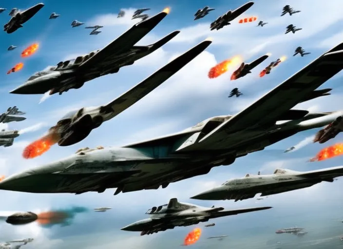 American army planes destroying a fleet of alien UFOs. Make it look like the independence day movie