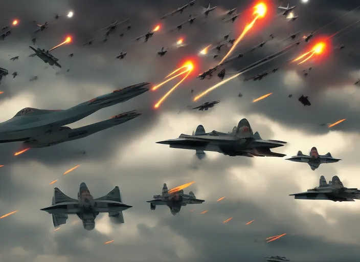 by Ron Meyers - American army rockets destroying a fleet of alien UFOs. Make it look like the Independence Day movie!. change the airplanes to Independence Day rockets!