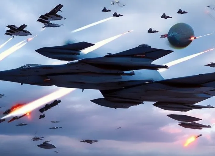 American army planes destroying a fleet of alien UFOs. Make it look like the independence day movie