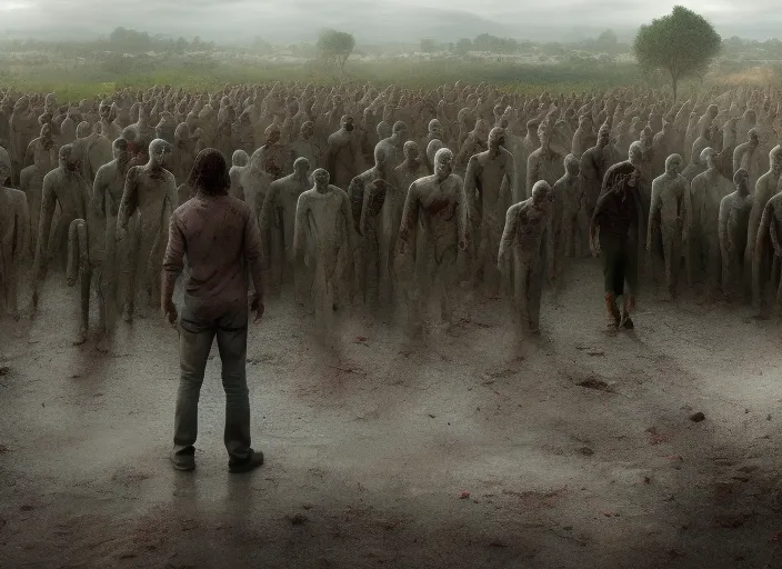 La imagen muestra a un montón de zombies saliendo de la tierra de un cementerio tenebroso,full HD,16k,ultra realista,hiper detallado,estilo de la serie the walking dead