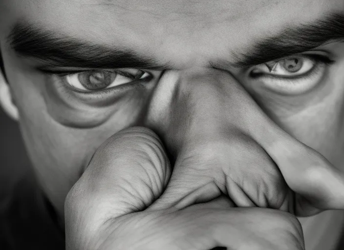 A close-up of a man's face, his eyes filled with anger, and his fist clenched in frustration as he speaks to himself.