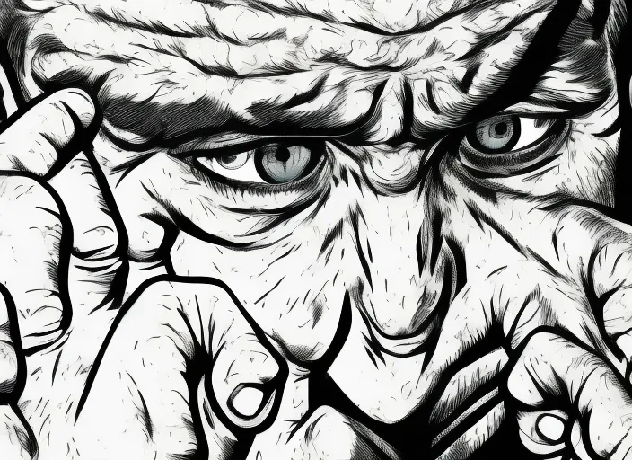 A close-up of a man's face, his eyes filled with anger, and his fist clenched in frustration as he speaks to himself. comic style