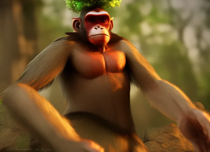 An anthropomorhic monkey shaman, forest background, DOF 