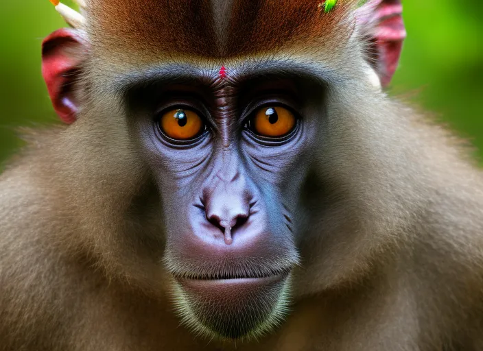 Portrait of An anthropomorhic monkey shaman, forest background, DOF 