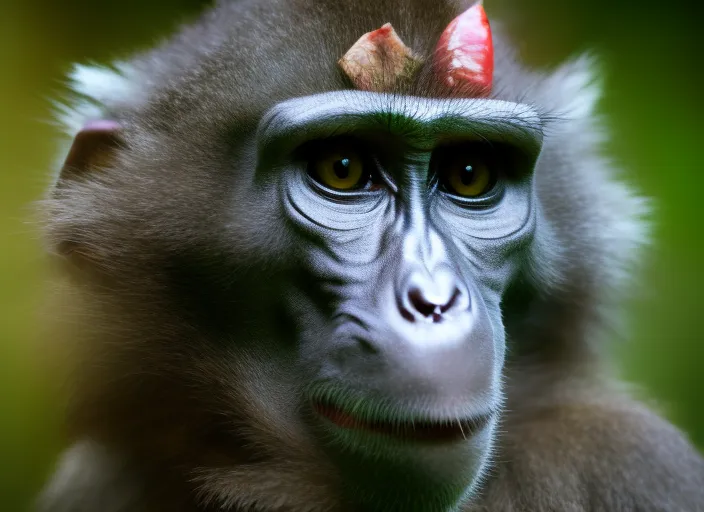 Portrait of An anthropomorhic monkey shaman, forest background, DOF 