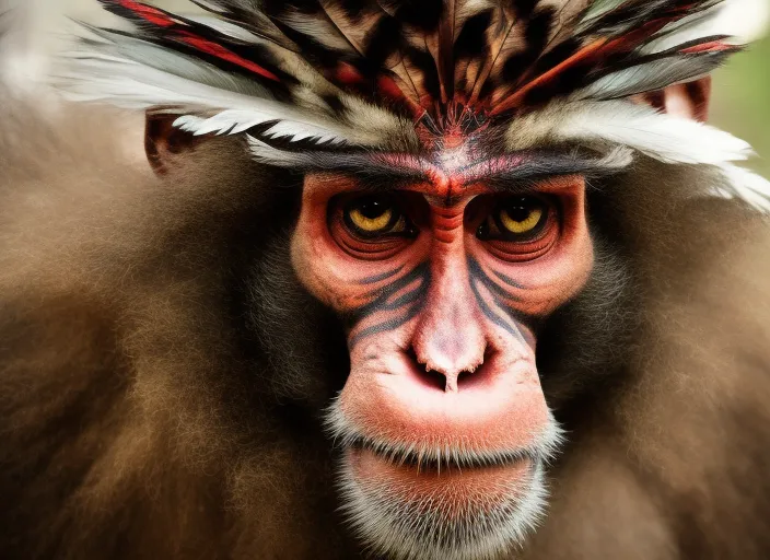 Portrait of An anthropomorphic monkey dressed as a shaman, tribal tatoo on the face, feather crown, forest background, DOF 