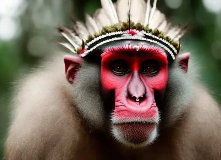 Portrait of An anthropomorphic monkey dressed as a shaman, tribal tattoo on the face, feather crown, forest background, DOF 