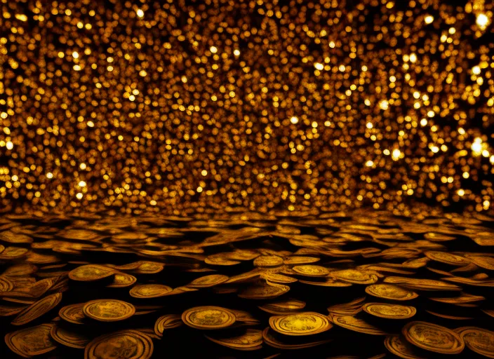 Gold Treasure Room Full of Dollars and Gold - Cinematic Lighting - Award-Winning Photography - Masterpiece. add a shining light in the distance and a rain of dollars