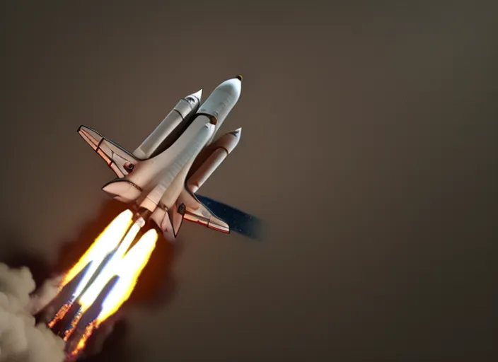 mdjrny-v5 massive Space shuttle during its launch from the ground| hyperdetailed|beautiful|8k resoloution|ground level full of fire and smoke| extreme long shot| centered| vibrant| massive scale| dynamic lighting|