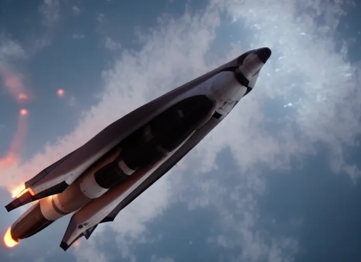 mdjrny-v5 massive Space shuttle during its launch from the ground| hyperdetailed|beautiful|8k resoloution|ground level full of fire and smoke| extreme long shot| centered| vibrant| massive scale| dynamic lighting|