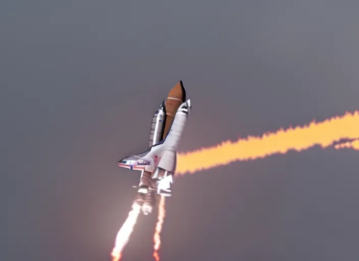 mdjrny-v5 massive Space shuttle during its launch from the ground| hyperdetailed|beautiful|8k resoloution|ground level full of fire and smoke| extreme long shot| centered| vibrant| massive scale| dynamic lighting|