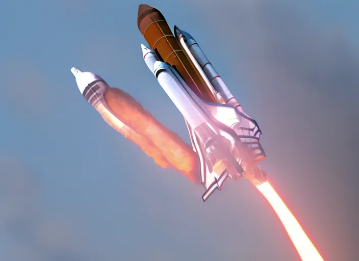 mdjrny-v5 massive Space shuttle during its launch from the ground| hyperdetailed|beautiful|8k resoloution|ground level full of fire and smoke| extreme long shot| centered| vibrant| massive scale| dynamic lighting|