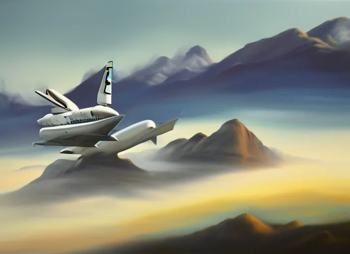 Title: "Midjourney 5: Shuttle Landing"

Description: Imagine you're watching a space shuttle coming in for a landing on a distant planet. The shuttle is surrounded by a swirling mist of dust and vapor, kicked up by its thrusters as it slows down. In the distance, you can see towering mountains and jagged rock formations, bathed in the pale light of an alien sun.

For your wallpaper, the art piece would depict this scene in a stylized, futuristic way. Here are some elements you might want to include:

The space shuttle itself, descending towards the planet's surface. You could give it a sleek, modern design, with glowing thrusters and streamlined wings.
The mist and dust cloud surrounding the shuttle, which could be rendered in shades of gray and white, with swirling patterns that suggest motion and turbulence.
The alien landscape, which could be shown in silhouette against the sky. You could use bold, angular shapes to suggest the harsh terrain, with jagged peaks and sharp ridges.
The sky itself, which could be a deep, rich blue, with streaks of orange and yellow to suggest the light of a distant sun.