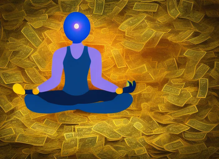 meditation pose with money and gold around