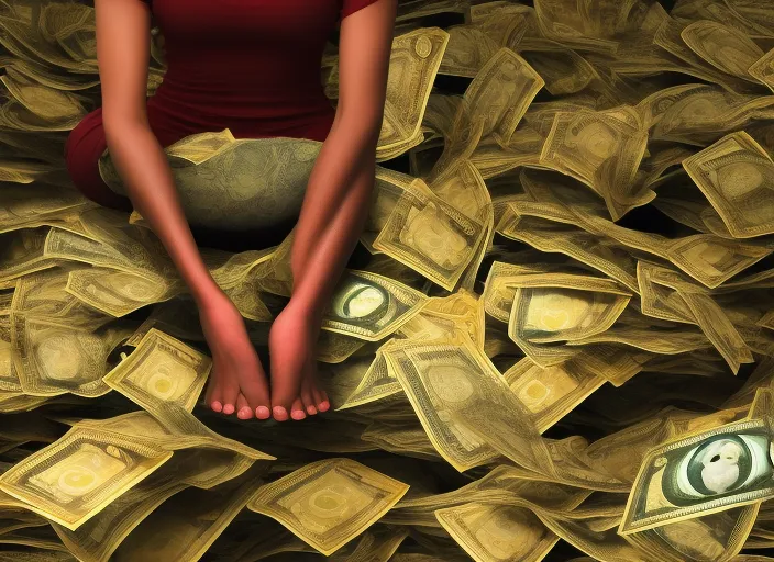 meditation pose with money and gold around