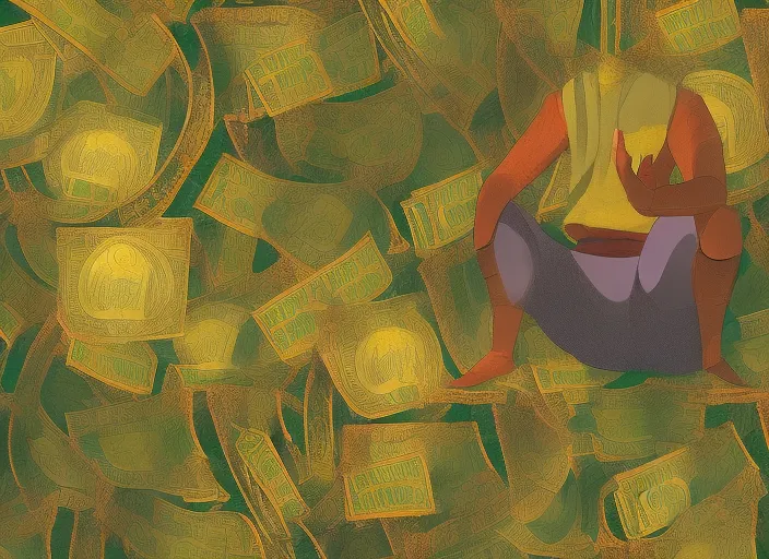 meditation pose with money and gold around