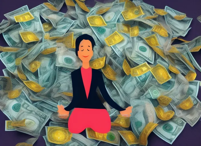 meditation pose with money and gold around