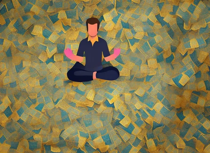 meditation pose with money and gold around