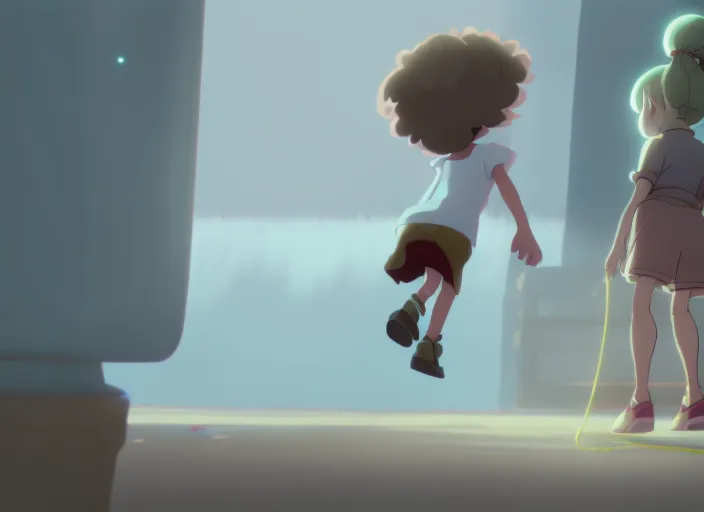 a cute girl jumps on a skipping rope, an ominous ugly grandmother stay on the background in the shadows, medium shot, studio ghibli, pixar and disney animation, sharp, rendered in unreal engine 5, anime key art by greg rutkowski, bloom, dramatic lighting