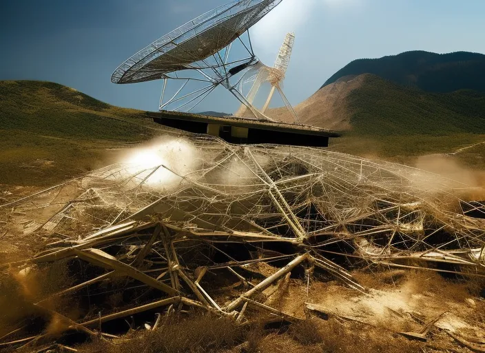 style explosion of a Radio Telescope collapsing to the ground
