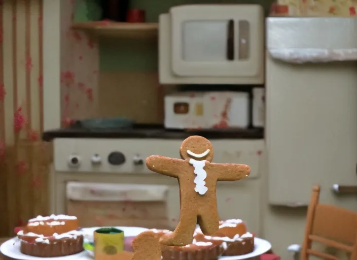 the gingerbread man jumping off a kitchen table to run out the front door of the house, food and dishes going everywhere