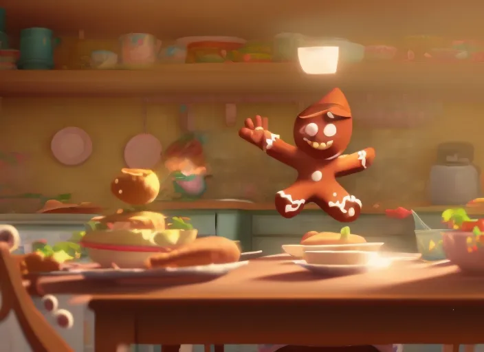 the gingerbread man jumping off a kitchen table to run out the front door of the house, food and dishes going everywhere, done in cartoon pixar style