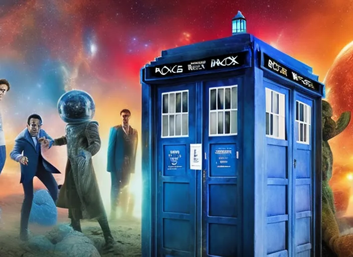 Doctor Who com sua cabine azul vijando pelo espaço, uhd