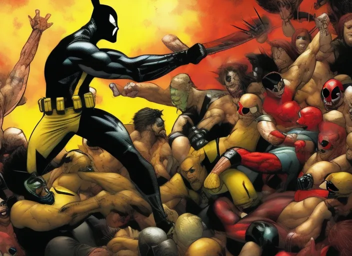 wolverine yellow and black fight, in club, deadpool crazy 