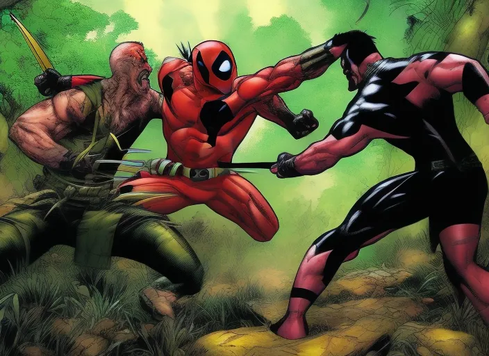 wolverine yellow and black fight, in jungle, deadpool crazy 