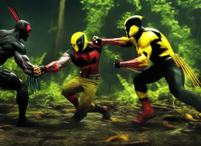 wolverine yellow and black, fight, in jungle, deadpool crazy 