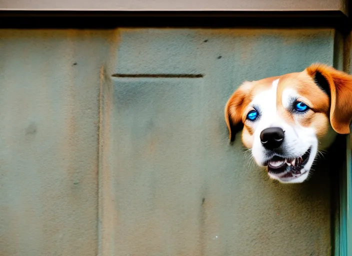 a dog next to a door with blue eyes
