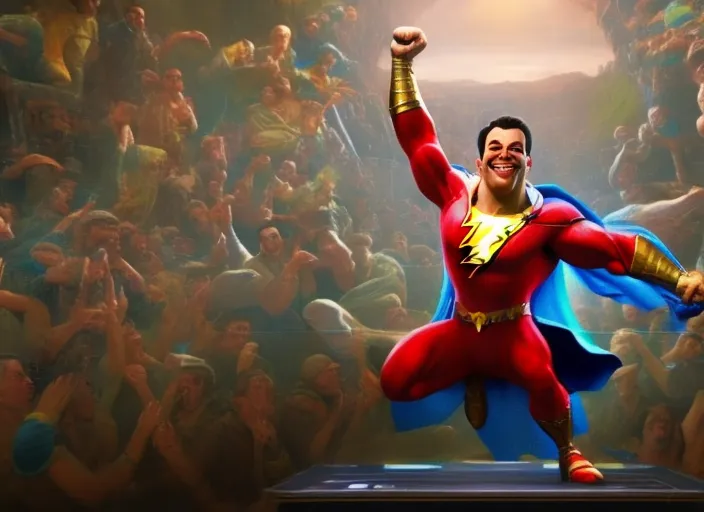 Shazam, grinning, in the castle, sitting at the computer, fist in the air, victory, large screens, stock trading, markets going up, bull run, making money, art, realistic