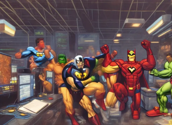 Super, Man, woman, ironman, Hulk, Manhattan, Wolverine, Fight in club Batman, grinning, in the batcave, sitting at the computer, fist in the air, victory, large screens, stock trading, markets going up, bull run, making money, art, realistic