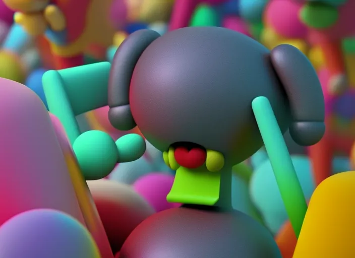 multicolor 3d render of art toy with ballgag  in it’s mouth  by @kaws in 4k ultra high resolution, with feeling of love, digital Art, perfect composition