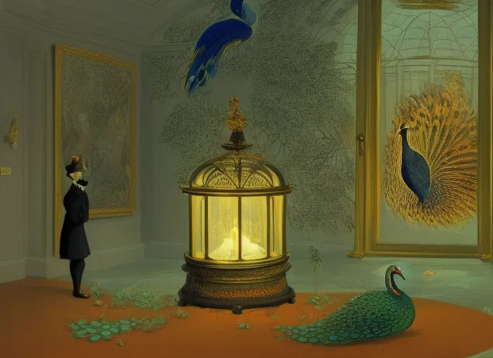 A bell jar containing a peacock by Charles Addams, Fragonard.