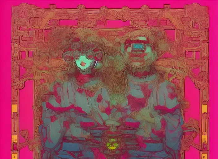 nft style, cyberpunk, synthwave, tarot card with intricate detailed frame around the outside with cyberglasses neon, Takashi Murakami; surrealism
