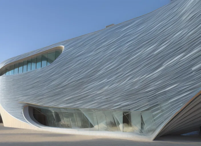 Parametric Museumexterior  in the style of Zaha Hadi - curve lines around the building, patterns on the facade