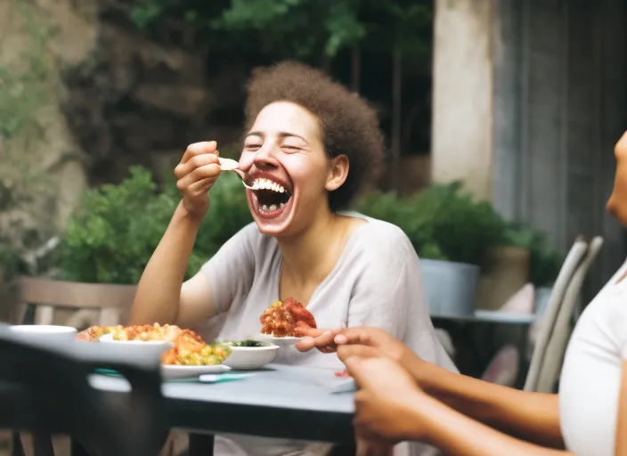 woman laughing while eating 