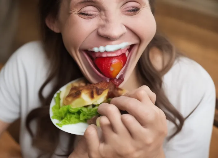 woman laughing while eating 