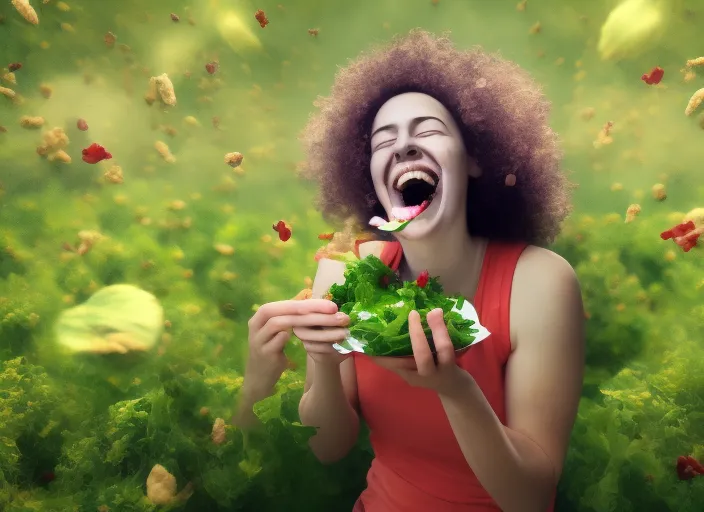 woman laughing while eating a salad flowers in the air