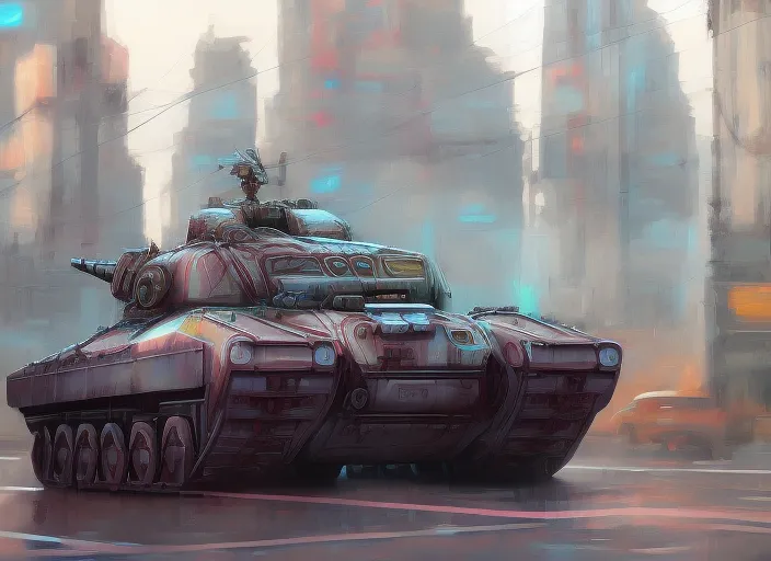 Futurepunk cyberpunk city, highly detailed Robot tank a metal steampunk tank patrolling  the streets of a Futurepunk cyberpunk city hyperrealism 