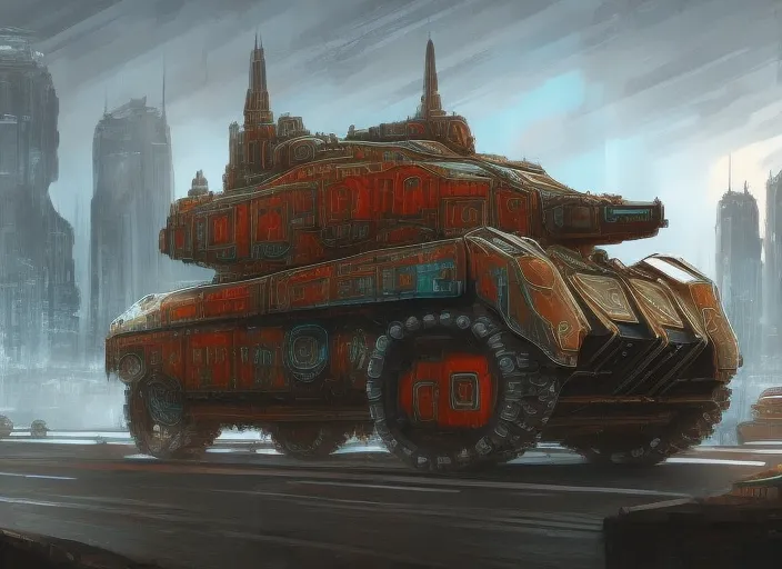 Futurepunk cyberpunk city, highly detailed Robot tank a metal steampunk tank patrolling  the streets of a Futurepunk cyberpunk city hyperrealism 